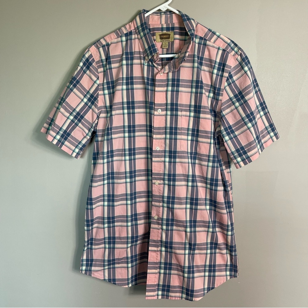 The Foundry Comfort Stretch Button Down Shirt Size LT Large Tall Pink Plaid